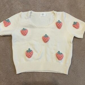 Cream Knit Top with Strawberry Design